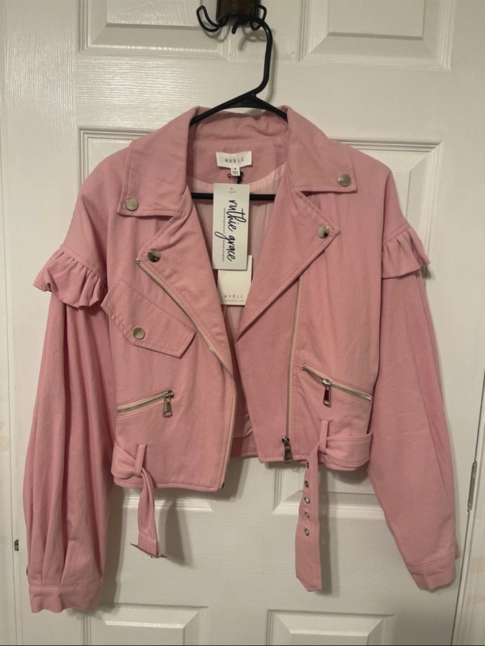 Pink Moto Jacket with Ruffle Detail